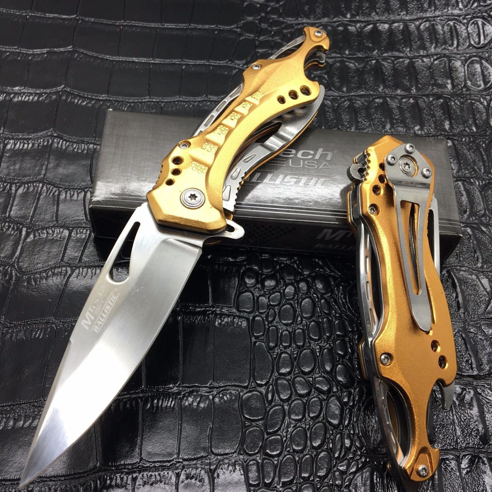 M-Tech Spring Assisted Gold/Silver Aluminum Tactical Rescue Pocket Knife!