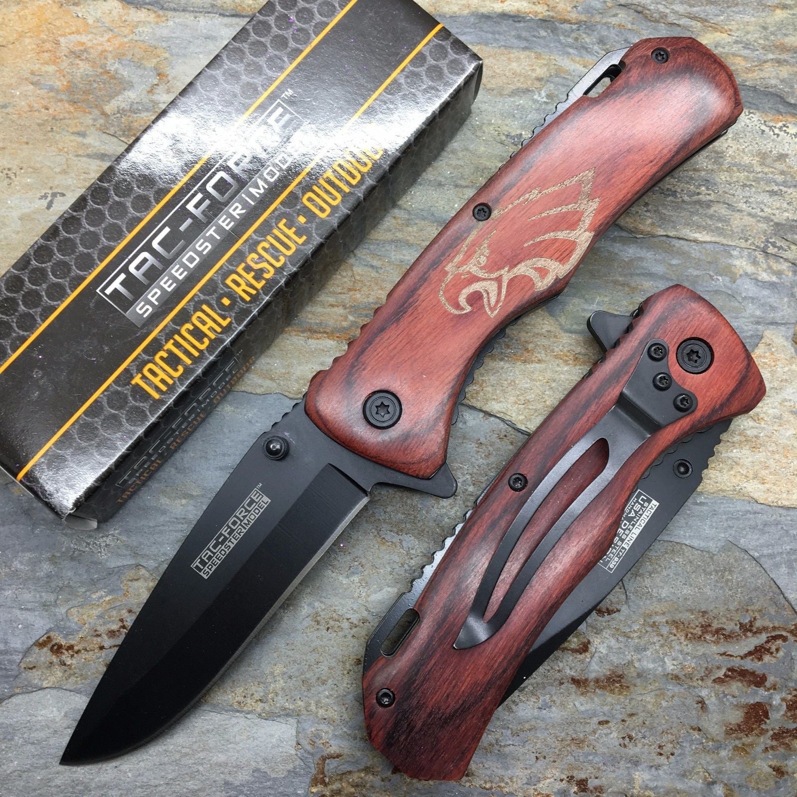 Tac Force Spring Assisted Brown PAKKA wood eagle etch handle Pocket Knife