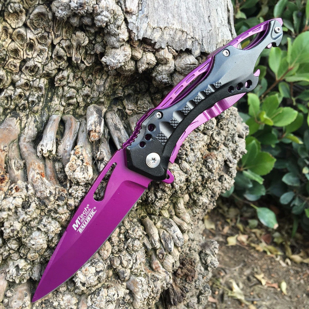 M-Tech Spring Assisted Purple Blade TI-Coated Aluminum Tactical Pocket Knife!