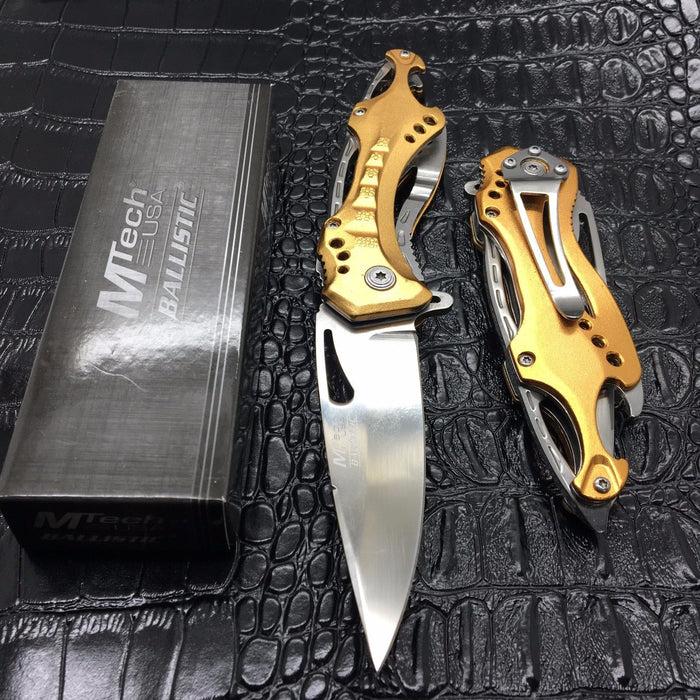 M-Tech Spring Assisted Gold/Silver Aluminum Tactical Rescue Pocket Knife!