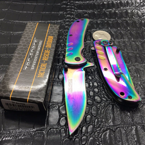 Tac Force Assisted Open Rainbow Ti-Coating Small Hunting Camping Pocket Knife