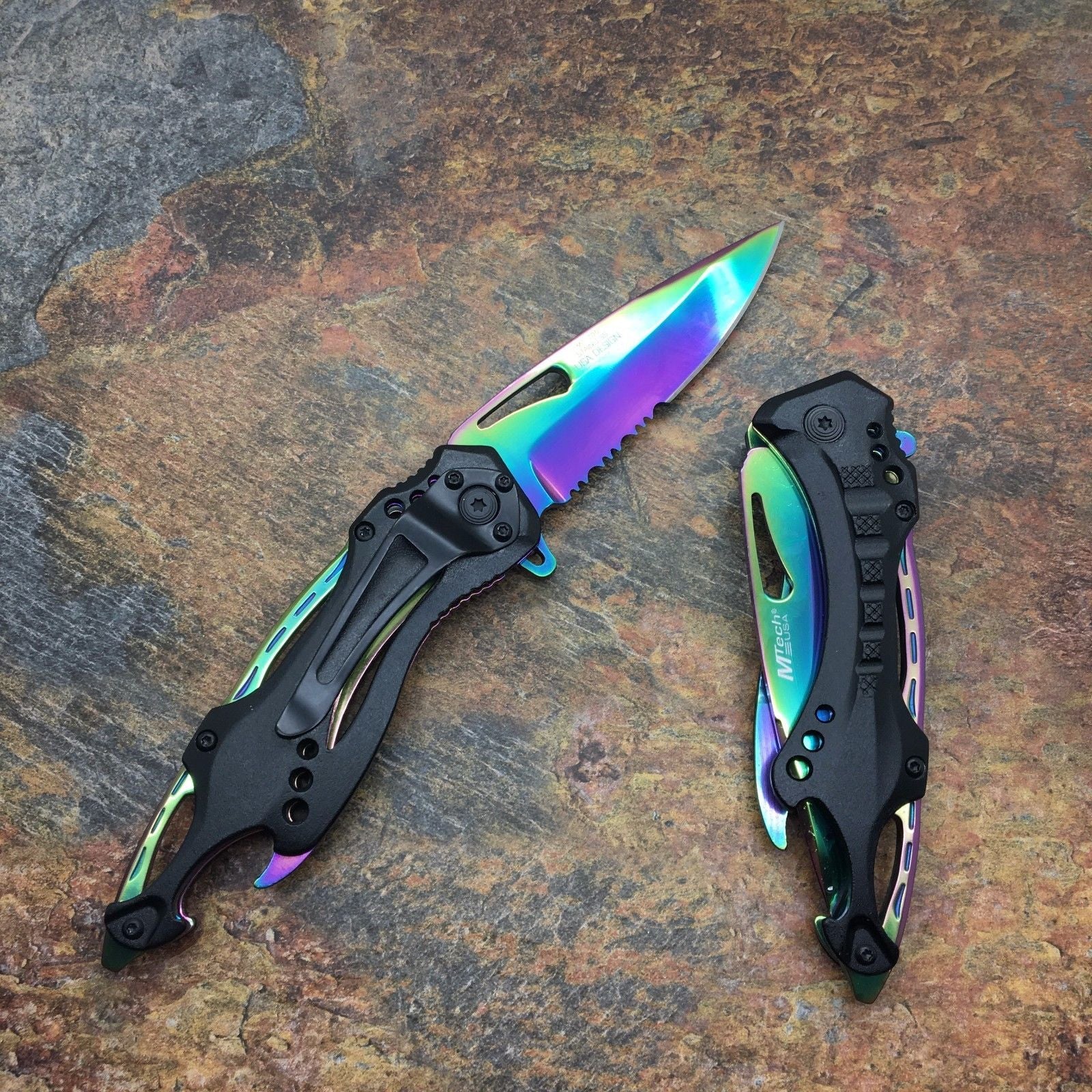 M Tech Folding Knife Rainbow Blade Tactical Rescue Pocket Hunting Knife