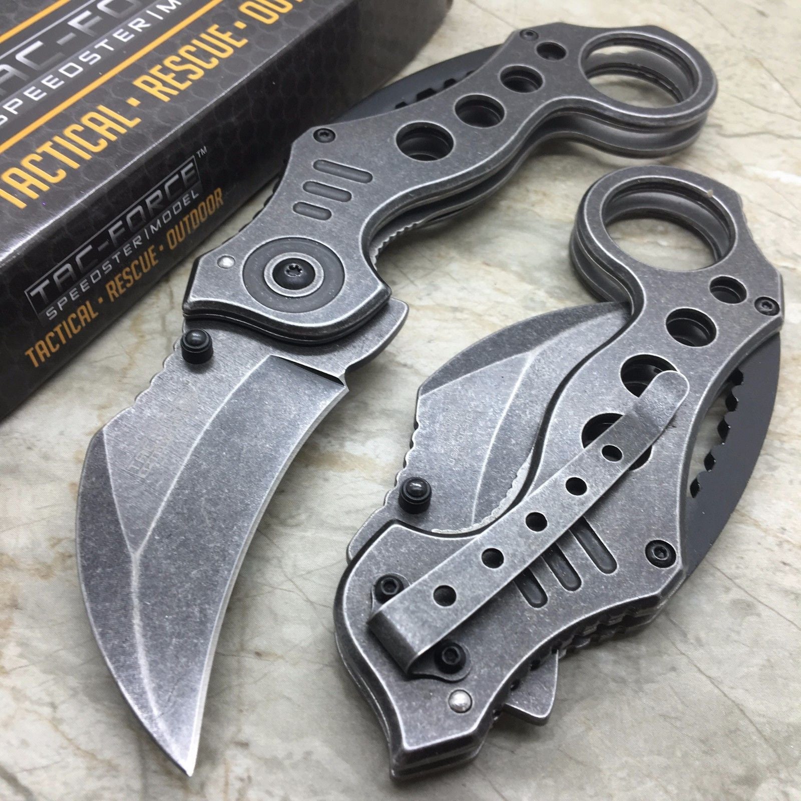 TAC FORCE Stone Wash Spring Assisted KARAMBIT STYLE Tactical Pocket Knife