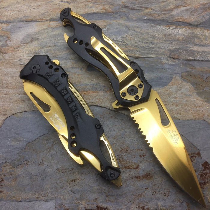 M-Tech Spring Assisted Gold Blade TI-Coated Aluminum Tactical Pocket Knife