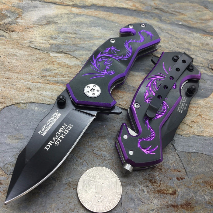 Tac Force Black Aluminum Handle w/ Purple Dragon Small Spring Assisted Knife