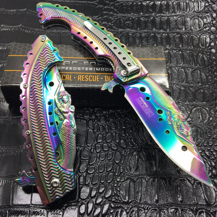 Tac Force Rainbow Titanium Coated blade w/ Stamped Mermaid Design Fantasy Knife