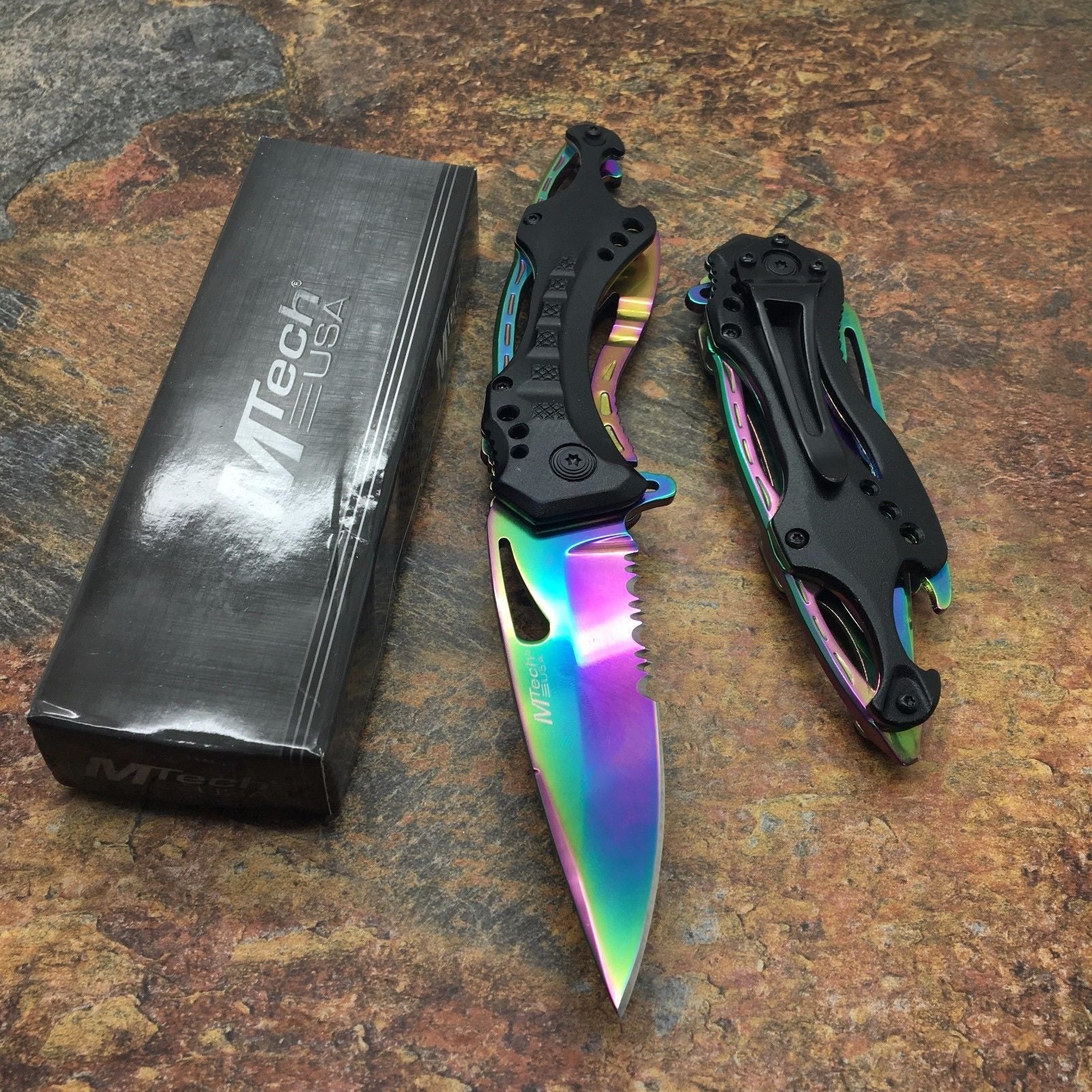 M Tech Folding Knife Rainbow Blade Tactical Rescue Pocket Hunting Knife