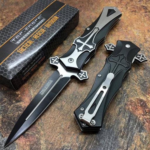 Tac Force Assisted Open Black "Crusader" Dagger Style Knife w/ Cross Handle