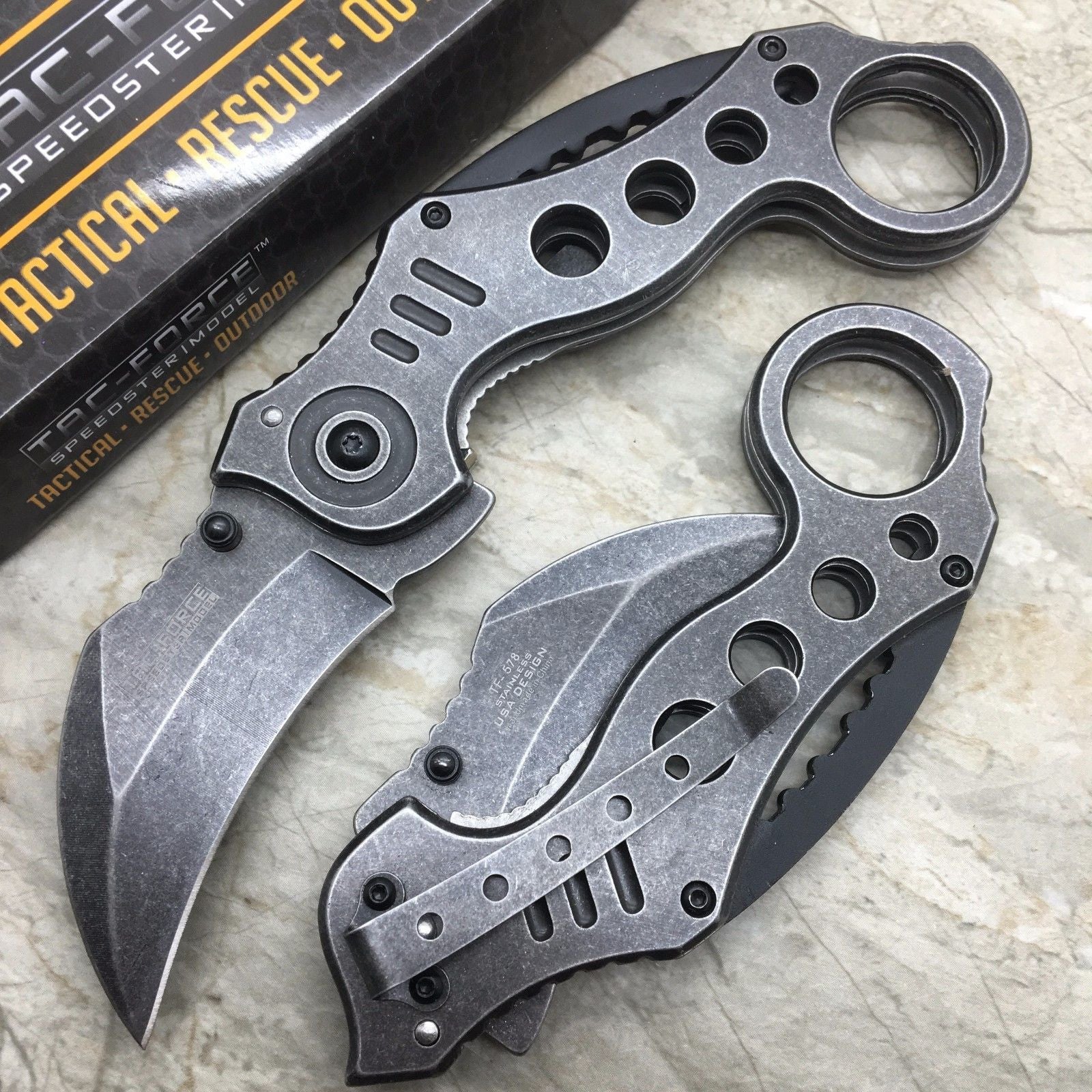 TAC FORCE Stone Wash Spring Assisted KARAMBIT STYLE Tactical Pocket Knife