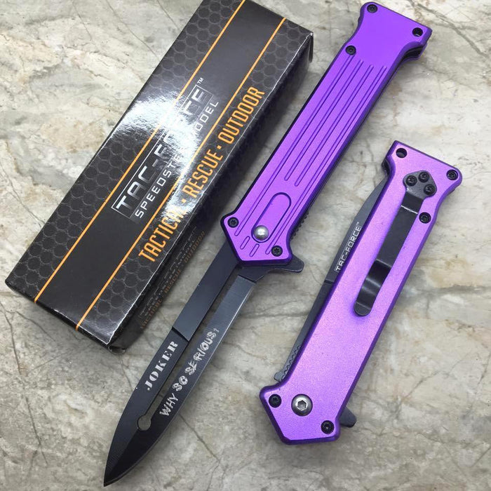 Tac Force Assisted Open Purple Joker Why So Serious? Black Blade Knife