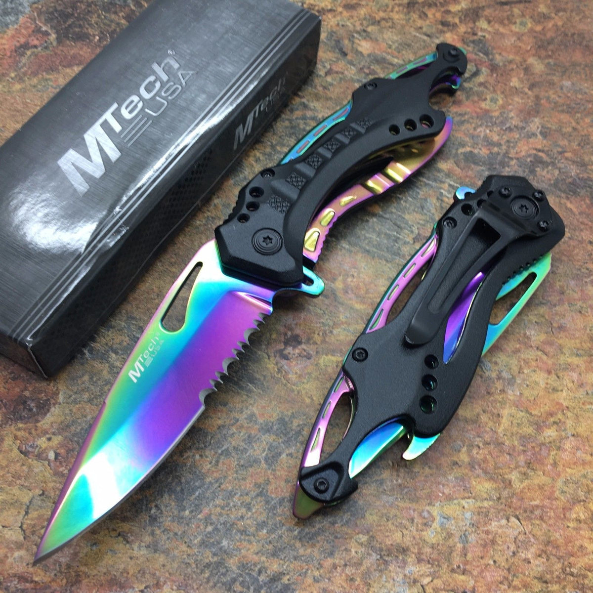 M Tech Folding Knife Rainbow Blade Tactical Rescue Pocket Hunting Knif ...