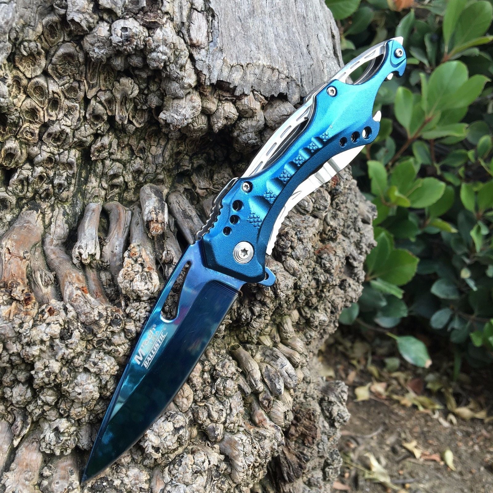 M-Tech Spring Assisted Blue/Silver Aluminum Tactical Rescue Pocket Hunting Knife