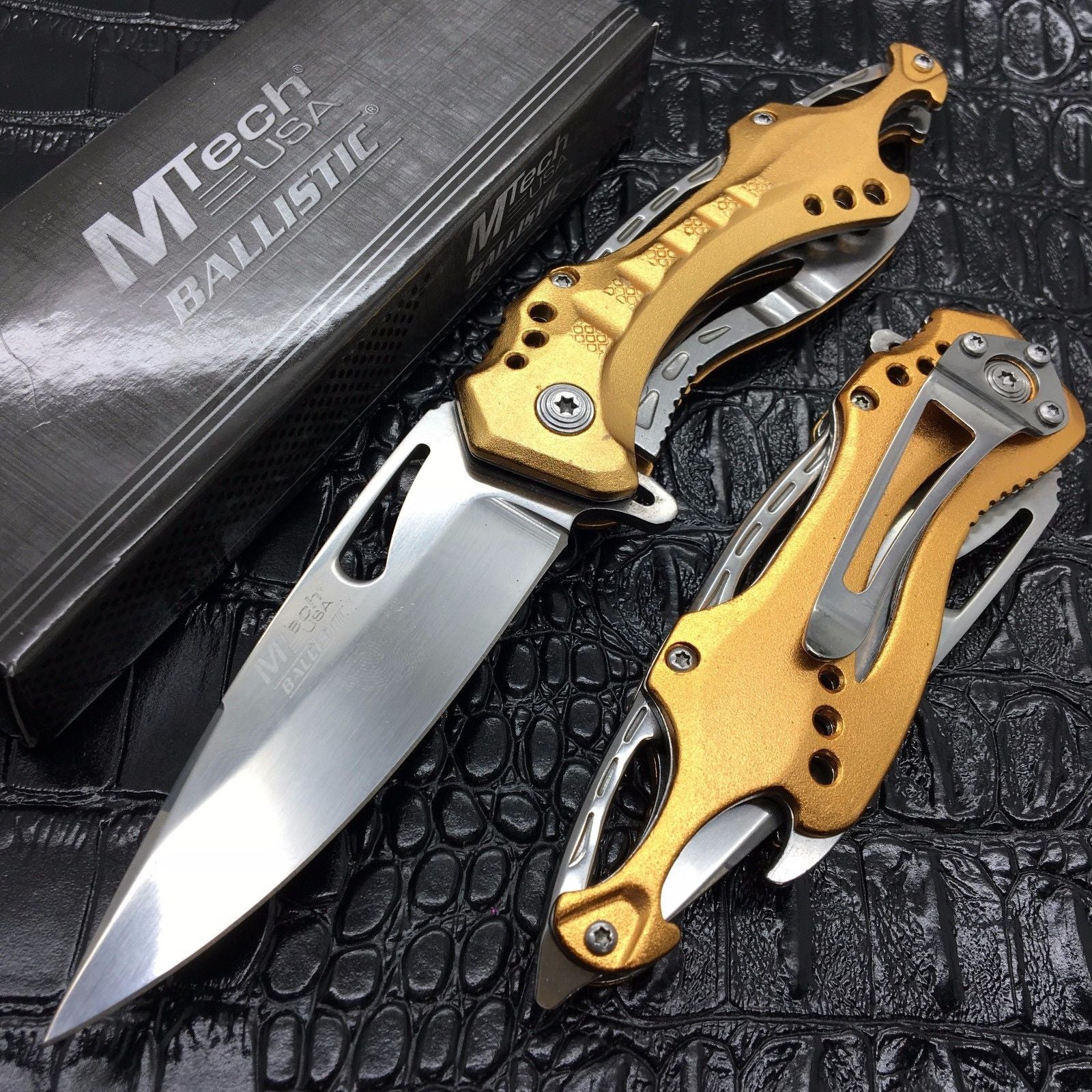 M-Tech Spring Assisted Gold/Silver Aluminum Tactical Rescue Pocket Knife!