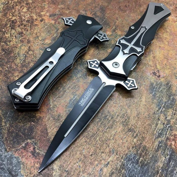 Tac Force Assisted Open Black "Crusader" Dagger Style Knife w/ Cross Handle