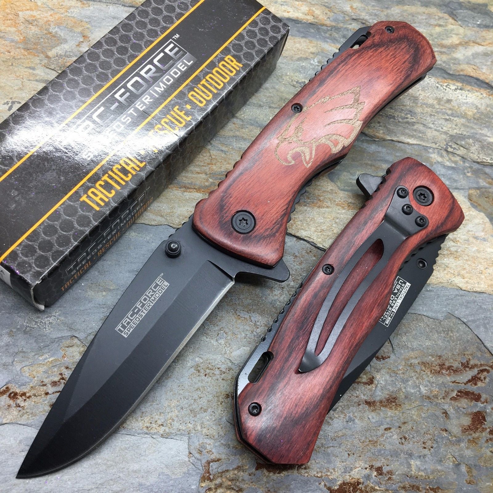 Tac Force Spring Assisted Brown PAKKA wood eagle etch handle Pocket Knife
