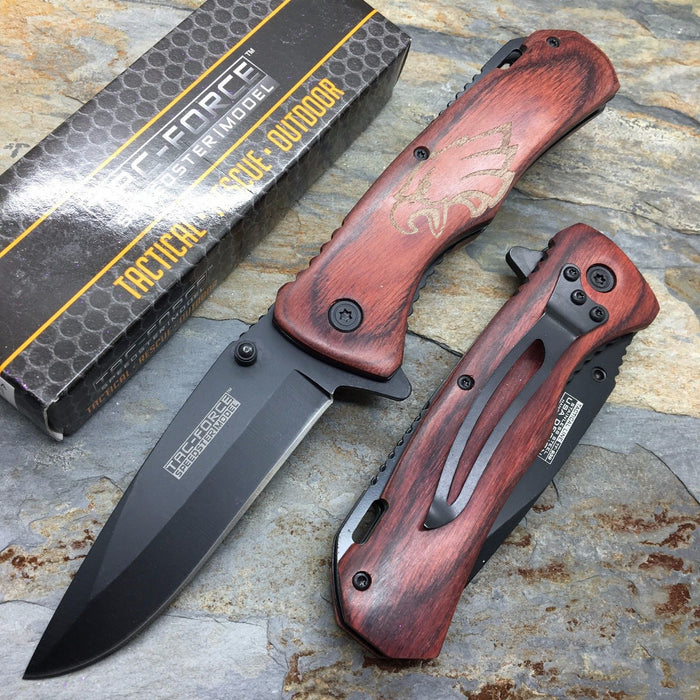 Tac Force Spring Assisted Brown PAKKA wood eagle etch handle Pocket Knife