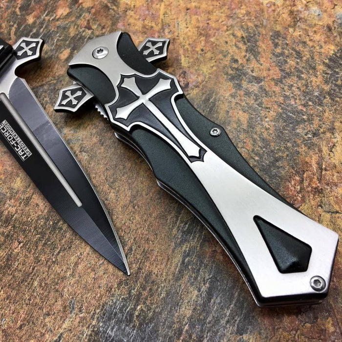 Tac Force Assisted Open Black "Crusader" Dagger Style Knife w/ Cross Handle