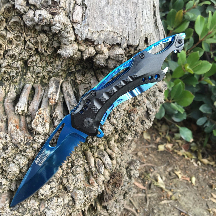 M-Tech Spring Assisted Blue TI-Coated Aluminum Tactical Rescue Pocket Knife!