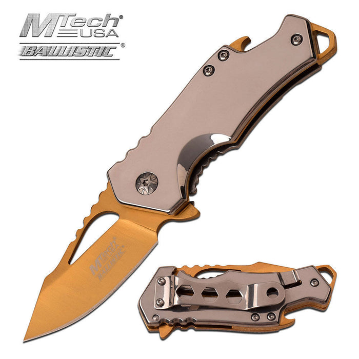 MTech Ballistic Silver w/ Gold Blade Small Pocket Knife w/ Bottle Opener!