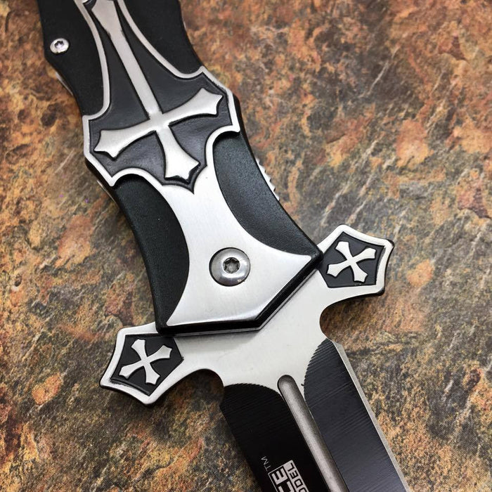 Tac Force Assisted Open Black "Crusader" Dagger Style Knife w/ Cross Handle