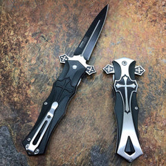 Tac Force Assisted Open Black "Crusader" Dagger Style Knife w/ Cross Handle
