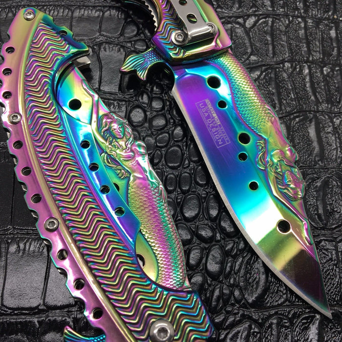 Tac Force Rainbow Titanium Coated blade w/ Stamped Mermaid Design Fantasy Knife