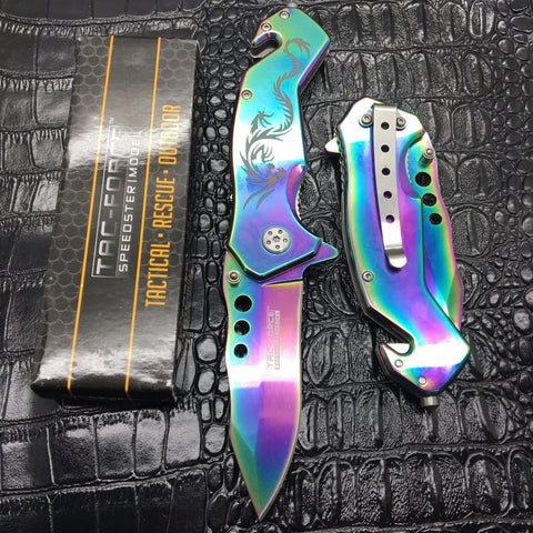 TAC FORCE Spring Assisted RAINBOW Dragon Fantasy Outdoor Blade Pocket Knife