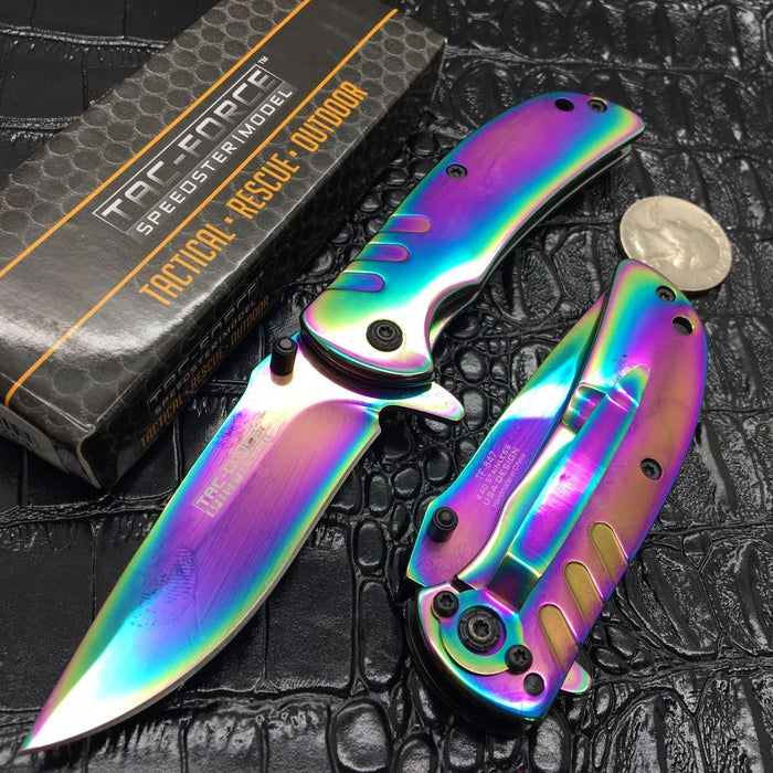 Tac Force Assisted Open Rainbow Ti-Coating Small Hunting Camping Pocket Knife