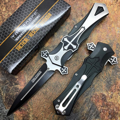 Tac Force Assisted Open Black "Crusader" Dagger Style Knife w/ Cross Handle