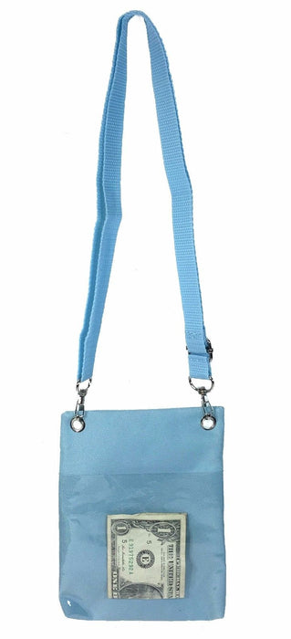 Light blue phone pouch with shoulder strap