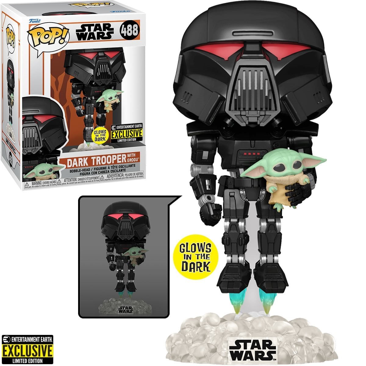 Star Wars: The Mandalorian Dark Trooper with Grogu Glow-in-the-Dark Pop! Vinyl Figure - Entertainment Earth Exclusive