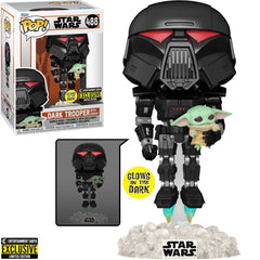 Star Wars: The Mandalorian Dark Trooper with Grogu Glow-in-the-Dark Pop! Vinyl Figure - Entertainment Earth Exclusive