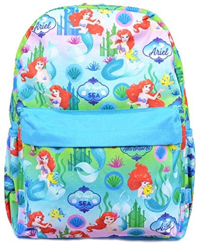 Disney Little Mermaid Allover Print 16" Blue & Green Canvas Backpack