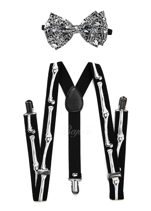 Halloween Skeleton Skull Matching Set Suspender and Bow Tie