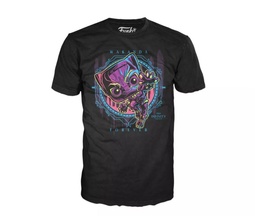 Authentic WAKANDA FOREVER (Black Light) Funko Pop & T-shirt BLACK PANTHER Target Exclusive with (SPECIAL EDITION) Sticker! Size SMALL