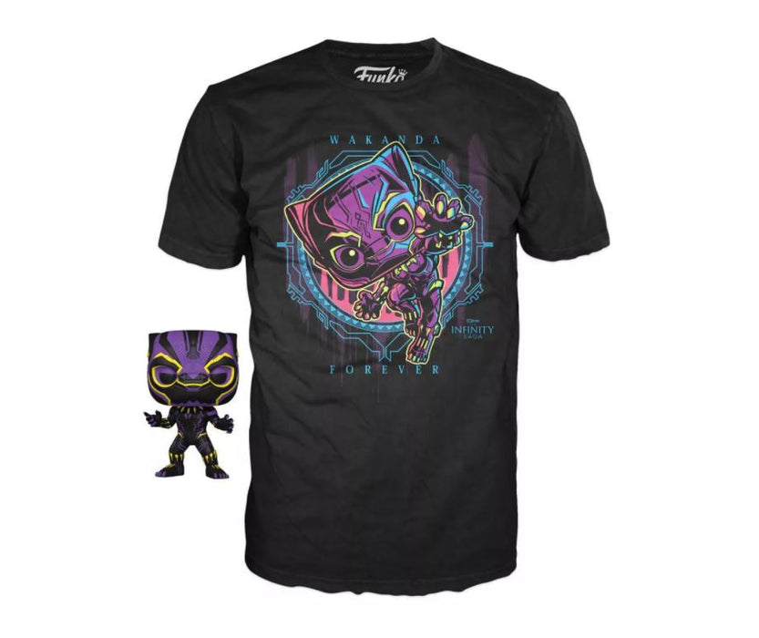 Authentic WAKANDA FOREVER (Black Light) Funko Pop & T-shirt BLACK PANTHER Target Exclusive with (SPECIAL EDITION) Sticker! Size LARGE