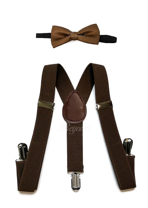 Kids Toddler Dark Brown Matching Set Suspender and Bow Tie