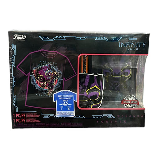Authentic WAKANDA FOREVER (Black Light) Funko Pop & T-shirt BLACK PANTHER Target Exclusive with (SPECIAL EDITION) Sticker! Size LARGE