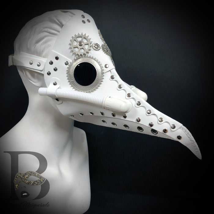 Men's Masks: Plague Doctor Masks - Raven Bird Mask White Masquerade Mask Head Harness Backing Silver Details