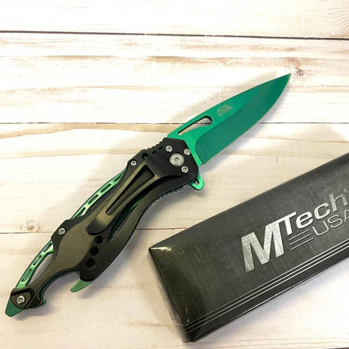 M-Tech Spring Assisted Green Blade TI-Coated Aluminum Tactical Pocket Knife!