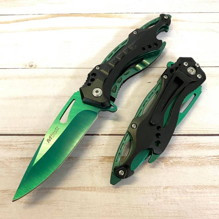 M-Tech Spring Assisted Green Blade TI-Coated Aluminum Tactical Pocket Knife!