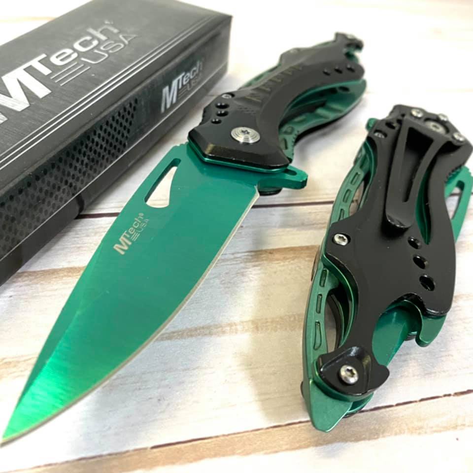 M-Tech Spring Assisted Green Blade TI-Coated Aluminum Tactical Pocket Knife!