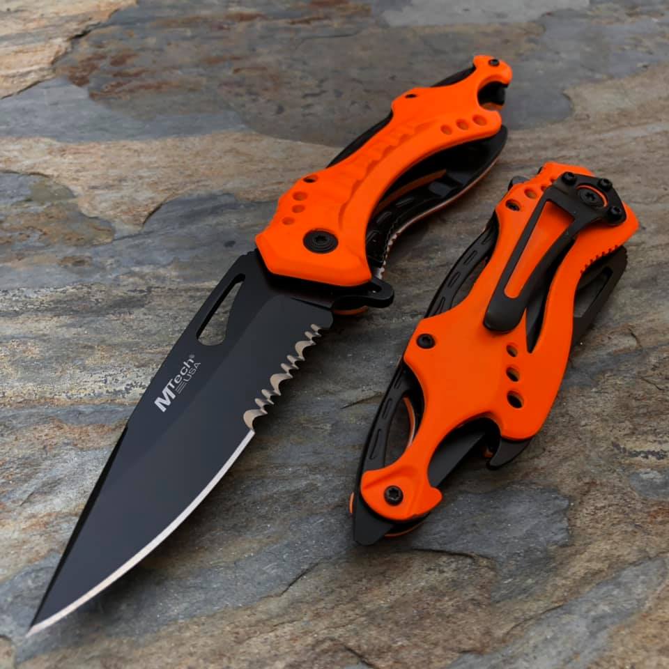 M-Tech Spring Assisted Neon Orange TI-Coated Aluminum Tactical Rescue Pocket Knife! MT-A705NOR