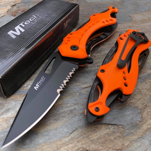 M-Tech Spring Assisted Neon Orange TI-Coated Aluminum Tactical Rescue Pocket Knife! MT-A705NOR