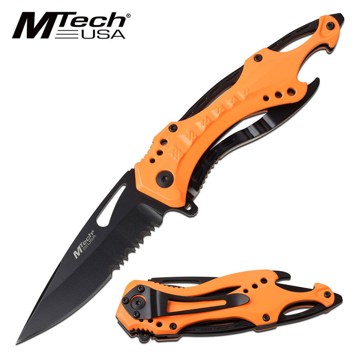M-Tech Spring Assisted Neon Orange TI-Coated Aluminum Tactical Rescue Pocket Knife! MT-A705NOR