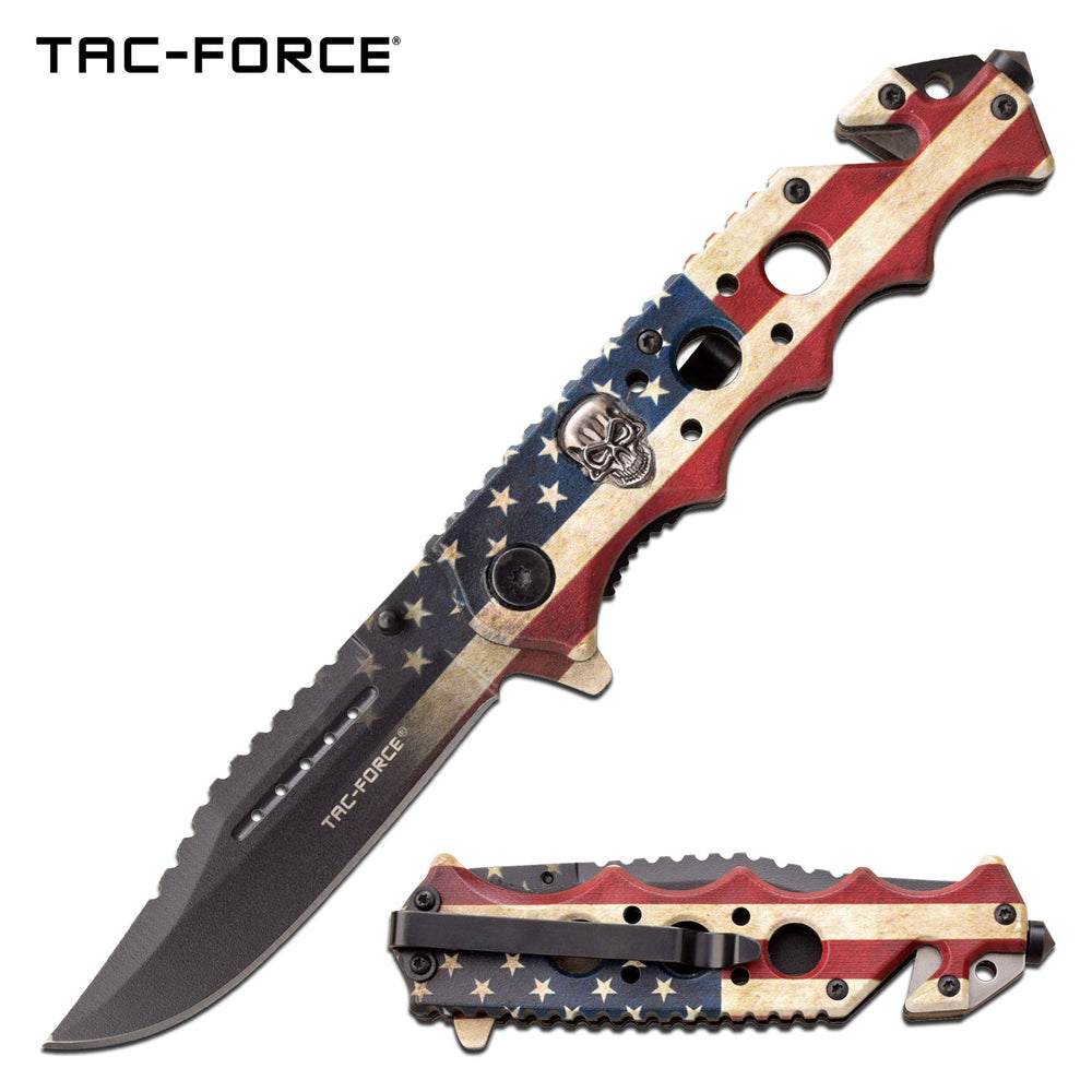 TAC-FORCE TF-809F SPRING ASSISTED KNIFE SKULL WORN AMERICAN FLAG ARTWORK ON BLADE