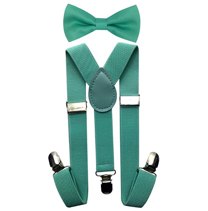 Kids Matching Set - Mint Green Teal Toddler Suspender and Bow Tie