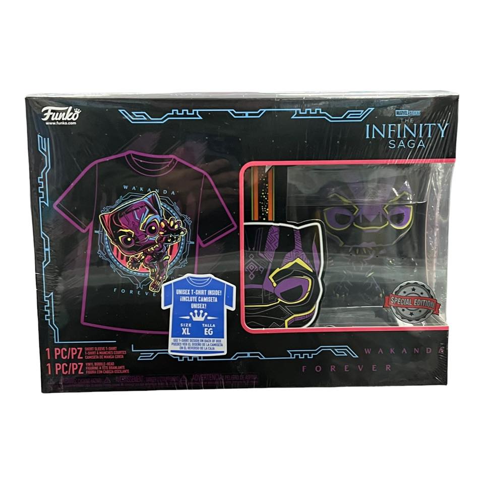 Authentic WAKANDA FOREVER (Black Light) Funko Pop & T-shirt BLACK PANTHER Target Exclusive with (SPECIAL EDITION) Sticker! Size X-LARGE