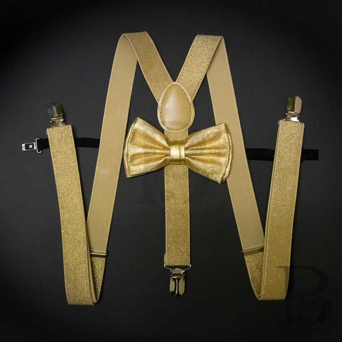 Soft Metallic Gold Matching Set Suspender and Bow Tie