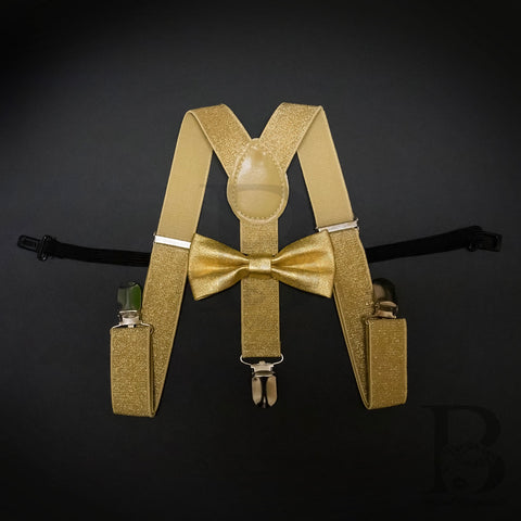 Kids Toddler Soft Metallic Gold Matching Set Suspender and Bow Tie